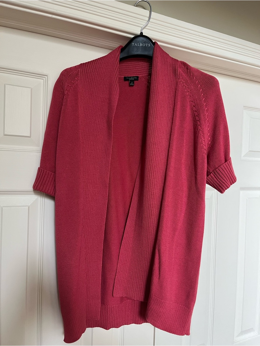 Talbots Open-Front Short-Sleeve Cardigan —Deep Rose (dark pink)